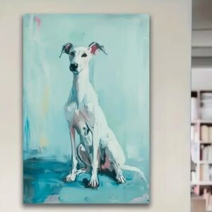 NWT White Whippet Greyhound IG Dog Canvas Print on Blue 12x16 Watercolor Look
